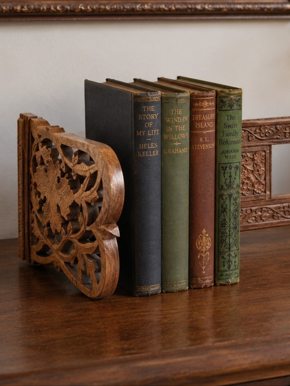 Vintage Hand-Carved Indian Wood Expandable Book Rack Bookends Sheesham Floral